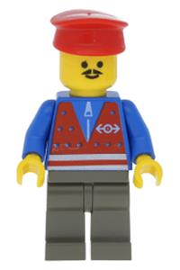 Construction Worker Minifigure - Minifigure with dark gray legs wearing a red vest with zipper and a red hat - trn080