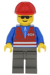Construction Worker Minifigure - Minifigure with a red vest and zipper, wearing a red construction helmet on dark gray legs - trn081