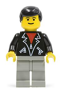 Male with Leather Jacket Minifigure - Minifigure with black male hair wearing a leather jacket with zippers and light gray legs - trn085