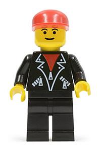 Male with Leather Jacket Minifigure - Minifigure with a red cap wearing a leather jacket with zippers and black legs - trn086