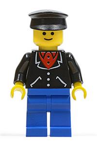 Male in Black Suit Minifigure - Minifigure wearing a black suit with 3 buttons, blue legs, and a black hat - trn088