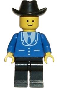 Male Minifigure - Minifigure wearing a blue suit with 3 buttons, black cowboy hat and black legs - trn089