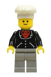 Chef Minifigure - Minifigure in a black suit with 3 buttons and light gray legs, wearing a white chef hat - trn091