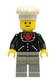 Minifigure in a black suit with 3 buttons and light gray legs, wearing a white chef hat - trn091