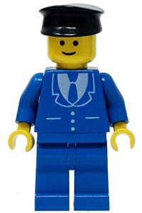 Boat Firefighter Captain Minifigure - Minifigure wearing a blue suit with 3 buttons and blue legs, paired with a black hat - trn093