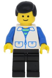 Male in White Suit Vest Minifigure - Minifigure wearing a white suit with 2 pockets, black legs, and black male hair - trn094