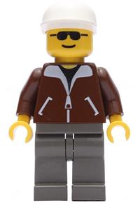 Male Passenger in Brown Jacket - Minifigure wearing dark gray legs and a white cap with a brown jacket - trn095
