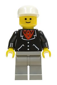 Male in Black Suit Minifigure - Minifigure wearing a black suit with 3 buttons and light gray legs, topped with a white cap - trn096