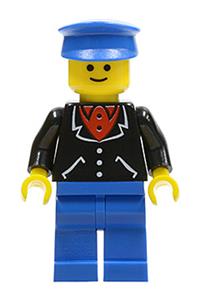 Male in Black Suit Minifigure - Minifigure wearing a suit with 3 buttons in black, blue legs, and a blue hat - trn097