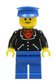 Minifigure wearing a suit with 3 buttons in black, blue legs, and a blue hat - trn097