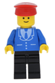 Minifigure wearing a blue suit with 3 buttons, black legs, and a red hat - trn099