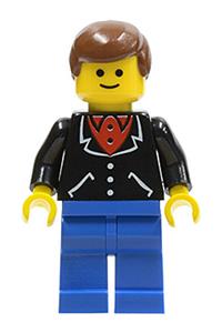 Male in Black Suit Minifigure - Minifigure with a black suit with 3 buttons, blue legs, and brown male hair - trn101