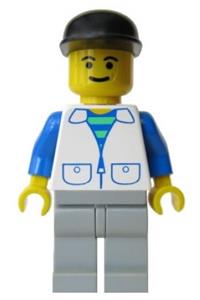 Male in White Suit Vest Minifigure - Minifigure wearing a suit with 2 pockets, white torso, light gray legs, and a black cap - trn104
