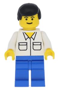 Female Minifigure - Minifigure with a shirt featuring 2 pockets, wearing blue legs and black male hair - trn105