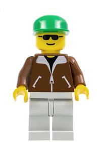 Male Passenger in Brown Jacket - Minifigure with light gray legs wearing a brown jacket, a green cap, and black sunglasses - trn107