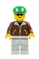 Minifigure with light gray legs wearing a brown jacket, a green cap, and black sunglasses - trn107