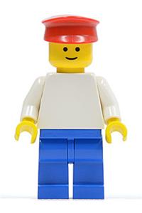 Male Minifigure - Male Shell worker (without Shell sticker) with plain white torso and arms, blue legs, and a red hat - trn109