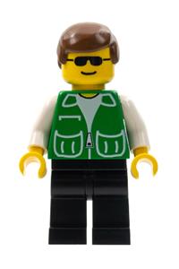 Male Passenger in Green Jacket - Minifigure with green jacket with 2 large pockets, black legs, and brown male hair - trn111