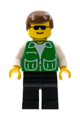 Minifigure with green jacket with 2 large pockets, black legs, and brown male hair - trn111