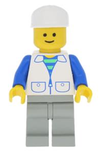 Male in White Suit Vest Minifigure - Minifigure wearing a suit with 2 pockets, light gray legs, and a white cap - trn112