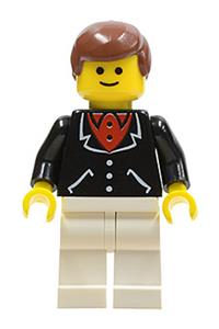 Male in Suit Minifigure - Minifigure wearing a suit with 3 black buttons, white legs, and brown male hair - trn113
