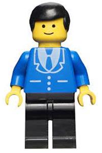 Male in Blue Suit Minifigure - Minifigure wearing a blue suit with 3 buttons, black legs, and a black hat - trn114