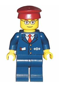 Dark Blue Suit with Train Logo, Dark Blue Legs, Dark Red Hat, Rectangular Glasses - Passenger Train Engineer trn115