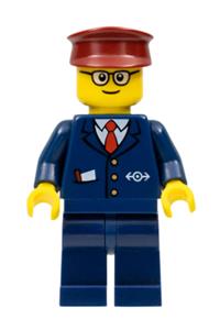 Tram Driver Minifigure - Tram driver in a dark blue suit with train logo, dark blue legs, dark red hat, and rounded glasses - trn115a
