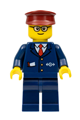 Tram driver in a dark blue suit with train logo, dark blue legs, dark red hat, and rounded glasses - trn115a