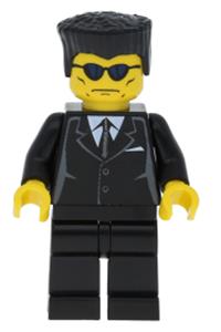 Male in Black Suit Minifigure - Minifigure wearing a black suit with a flat top and blue sunglasses - trn116