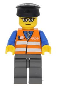 Railway Construction Worker - Minifigure wearing an orange vest with safety stripes, dark bluish gray legs, glasses, and a black hat - trn120