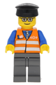 Minifigure wearing an orange vest with safety stripes, dark bluish gray legs, glasses, and a black hat - trn120