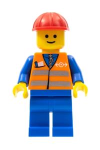 Railway Construction Worker - Minifigure wearing a red construction helmet, an orange vest with safety stripes, and blue legs - trn121