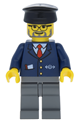 Minifigure wearing a dark blue suit with train logo, black hat, gray beard, and dark bluish gray legs - trn122