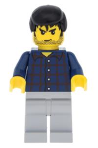 Male with Plaid Button Shirt - Male minifigure with a plaid button shirt, light bluish gray legs, black male hair, and stubble - trn124