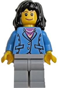 Female Minifigure - Minifigure wearing a medium blue jacket with light bluish gray legs and black mid-length female hair - trn125