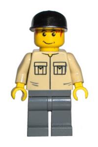 Male Minifigure - Minifigure wearing a shirt with 2 pockets and no collar, with dark bluish gray legs and a black cap - trn127