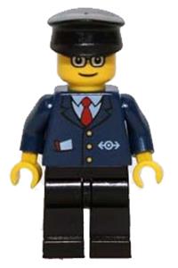Train Worker Minifigure - Minifigure wearing a dark blue suit with a train logo, black legs, brown eyebrows, and a black hat - trn128