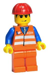 Orange Vest with Safety Stripes - Orange Legs, Red Construction Helmet, Black Hair, Eyebrows, and Smirk trn132