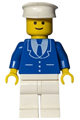 Minifigure wearing a blue suit with 3 buttons, white legs, and a white hat - trn134