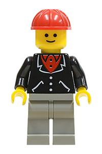 Male in Black Suit Minifigure - Minifigure wearing a suit with 3 buttons in black, light gray legs, and a red construction helmet - trn135