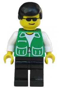 Male Passenger in Green Jacket - Minifigure with black male hair, wearing a green jacket with 2 large pockets and black legs - trn136