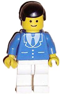 Male in Blue Suit Minifigure - Blue suit with 3 buttons, white legs and black male hair - trn137