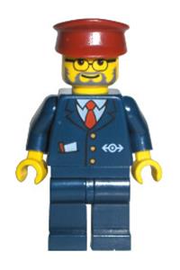 Conductor Minifigure - Conductor in a dark blue suit with a train logo, sand blue legs, and a dark red hat - trn138