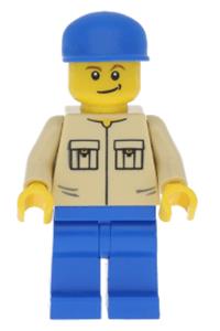 Male Minifigure - Minifigure with a shirt featuring 2 pockets but no collar, blue legs, and a blue cap - trn139