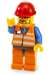 Train Engineer Minifigure - Minifigure with an orange vest with safety stripes, orange legs, dark bluish gray hips, red construction helmet, dark bluish gray beard, and glasses - trn143