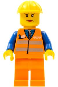 Railway Construction Worker - Female minifigure with dual-sided head wearing an orange vest with safety stripes, orange legs, and a yellow construction helmet - trn145