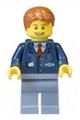Conductor with dark blue suit featuring train logo, sand blue legs, and dark orange hair - trn146