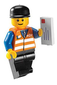 Construction Worker Minifigure - Minifigure with black cap and black legs wearing an orange vest with safety stripes - trn147