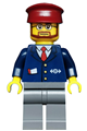 Train Conductor - Dark Blue Suit with Train Logo, Dark Bluish Gray Legs, Dark Red Hat, Beard and Glasses - trn148